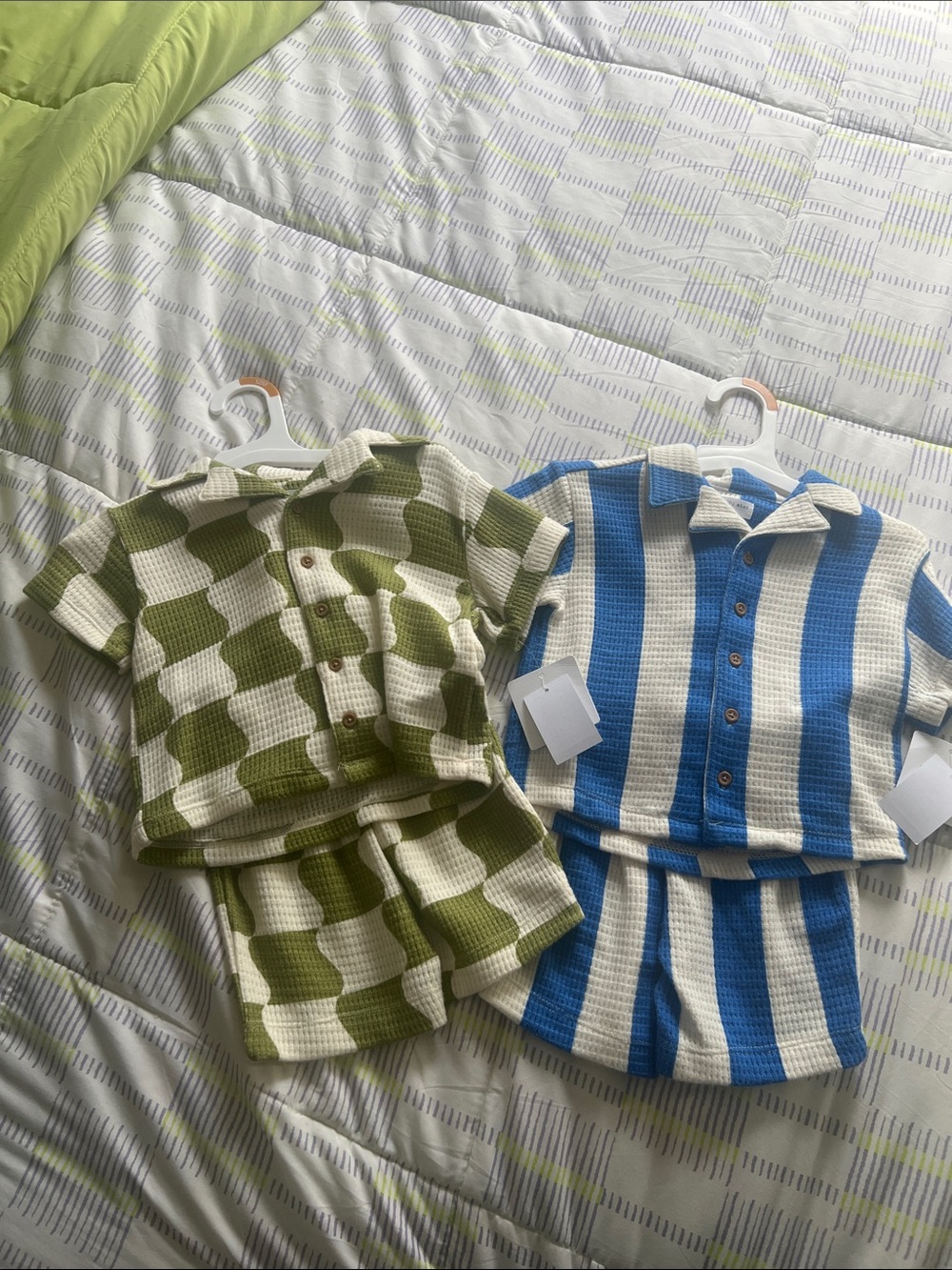 Kids Short Sleeve Waffle-Knit Polo & Shorts Set - Green & Blue Stripe